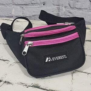 Vintage Everest Fannypack Adventure Hiking Waist Hip Bum Bag Black Pink 3-Pocket